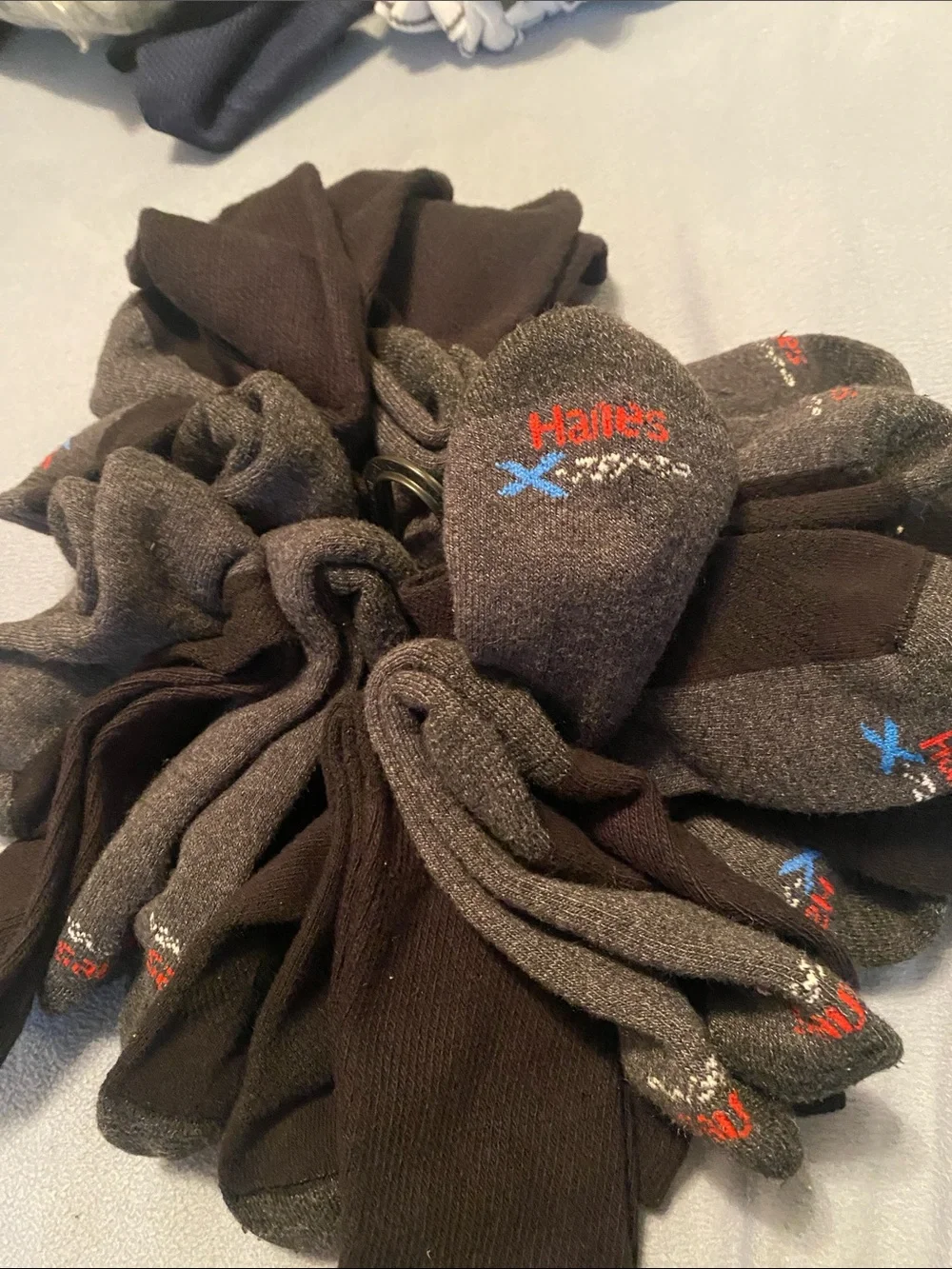 Hanes CTemp Men's Crew Socks Pack - Black with Red & Blue Logos. 12 Pack